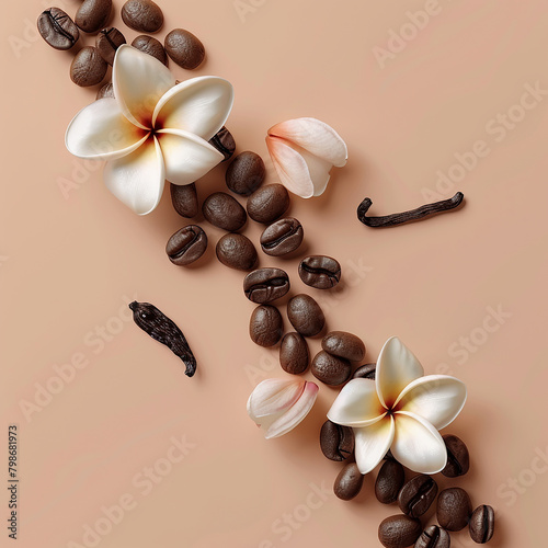 3d rendered photos of roasted coffee beans on pastel background with French vanilla flowers made with generative AI