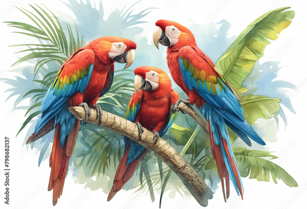 Colorful macaws squawking in a tropical setting, vivid blues and reds, detailed and exotic, isolated on white background, watercolor