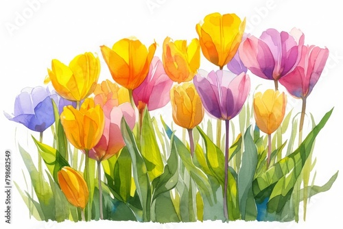 Colorful tulips in full bloom, a spectrum of vibrant colors, detailed and springlike, isolated on white background, watercolor