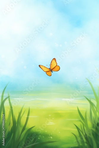 A watercolor painting of a butterfly in a field of grass