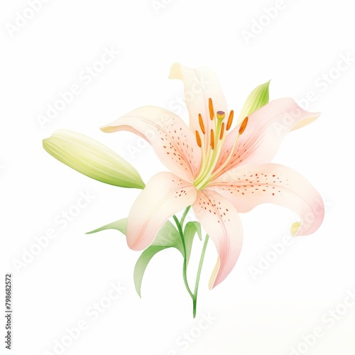 A watercolor painting of a pink lily with green leaves and a yellow pistil.