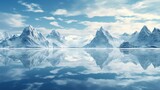 Breathtaking view of a serene snowy mountain landscape with a calm lake reflecting the majestic peaks and sky