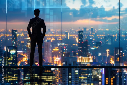 A silhouette of a man stands confidently  hands on hips  as he looks out over a vibrant cityscape at dusk from within a high-rise building