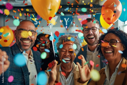 Group of happy people enjoying a vibrant celebration with colorful confetti and balloons filling the air