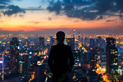 An executive silhouetted against a stunning sunset cityscape  conveying a sense of leadership and future prospects
