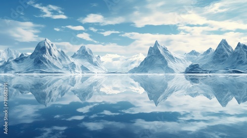 Breathtaking view of a serene snowy mountain landscape with a calm lake reflecting the majestic peaks and sky