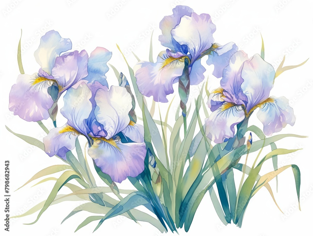 Delicate irises blooming in a spring garden, vibrant purples and greens, detailed and flourishing, isolated on white background, watercolor