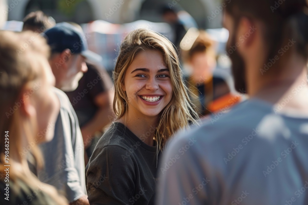 A young woman with a captivating smile enjoying a conversation in a lively street scene A young woman with a captivating smile enjoying a conversation in a lively street scene