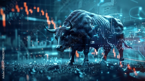 Powerful image of a bull superimposed over rising stock charts, with arrows pointing upwards, symbolizing strong market growth photo
