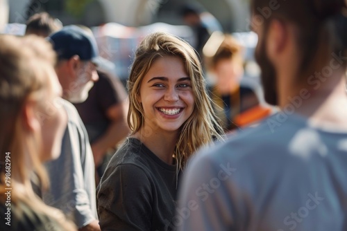 A young woman with a captivating smile enjoying a conversation in a lively street scene