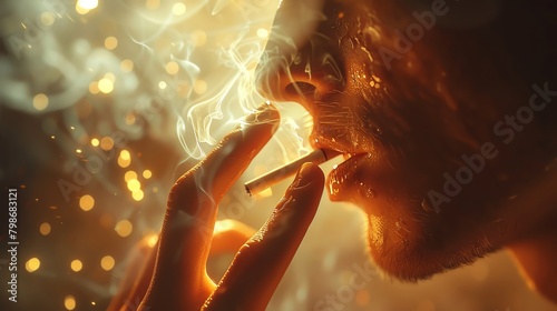 Produce a thought-provoking, photorealistic digital rendering focusing on a persons front profile rejecting a cigarette with an expressive hand gesture, photo