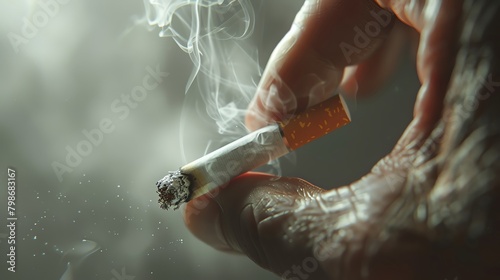 Produce a thought-provoking, photorealistic digital rendering focusing on a persons front profile rejecting a cigarette with an expressive hand gesture, photo