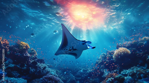 Serene underwater landscape showing a manta ray's silhouette against the sun, swimming over a reef teeming with marine life