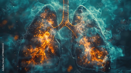 Stark x-ray image of human lungs affected by smoking, showing the contrast between healthy tissue and cancerous areas, stark and impactful photo