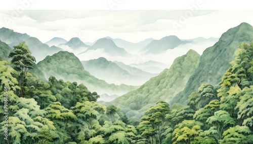 Forested mountain ridges, dense green canopies atop rugged terrain, richly detailed, forming a lush border, isolated on white background, watercolor