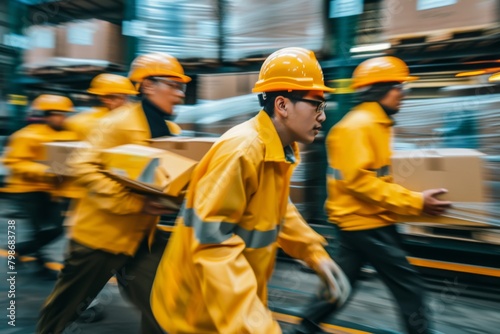 A dynamic, motion-blurred image of workers in yellow uniforms carrying boxes in a warehouse setting