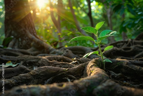 A young sapling emerges among ancient tree roots, symbolizing hope, growth, and the cycle of life amidst a natural setting photo