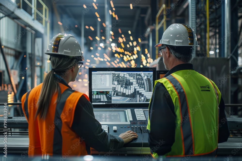 Two engineers in safety vests and helmets discuss details on computers in a hi-tech industrial environment Two engineers in safety vests and helmets discuss details on computers in a hi-tech industrial environment