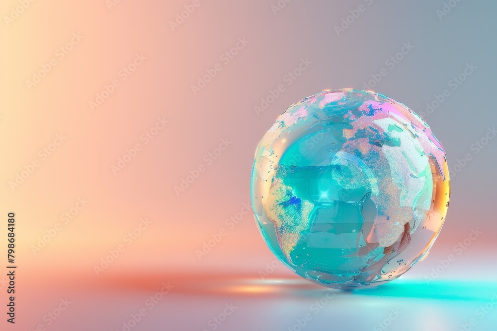 globe is sitting on a table with a colorful background