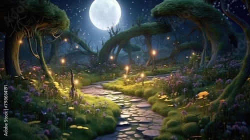 Mystical Garden Bathed in the Light of a Full Moon and Stars