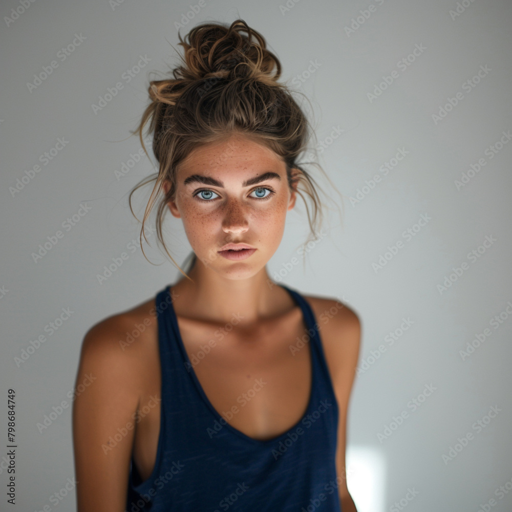 headshot of beautiful female model, light brown hair in messy bun, blue