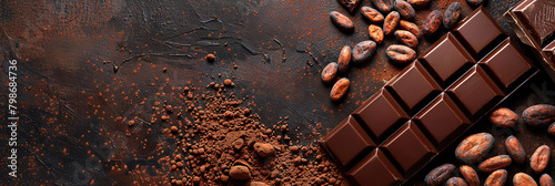 Cacao beans, chocolate bar and cocoa powder on dark background with copy space for design