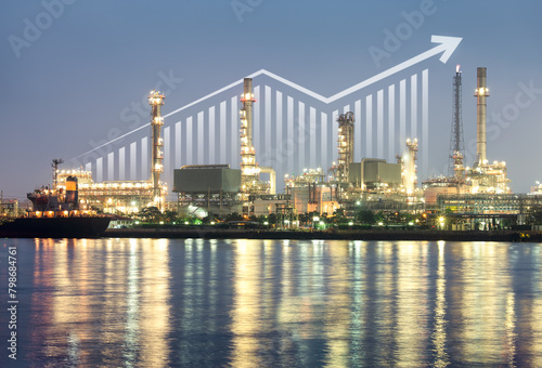 Oil gas refinery or petrochemical plant. Include arrow  graph or bar chart. Increase trend or growth of production  market price  demand  supply. Concept of business  industry  fuel  power energy.