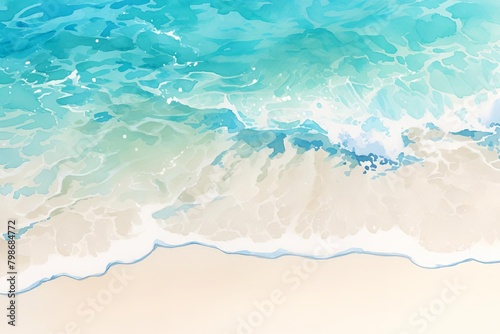 Gentle waves lapping at a sandy shore, serene and minimal, vivid colors captured in high detail, isolated on white background, watercolor