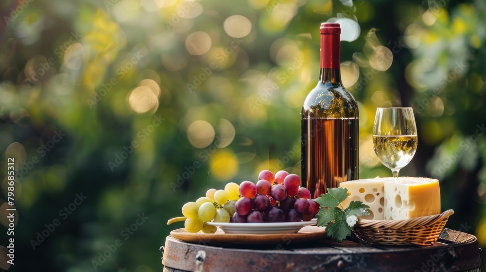 Obraz premium Tasty wine and cheese on wooden barrel on grape plantation background