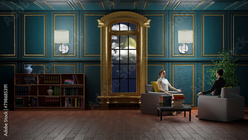 Interno notte. Coppia, uomo, donna in momento di relax in stanza antica ed elegante con libri e biblioteca.