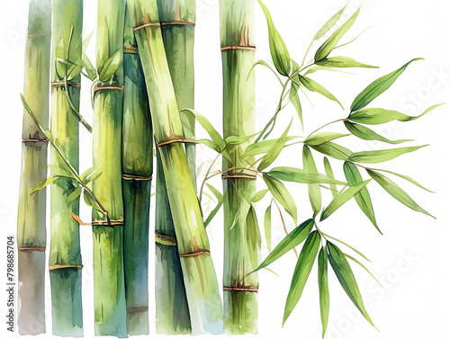 Lush green bamboo shoots reaching upward  strong and straight  detailed in natural growth  isolated on white background  watercolor