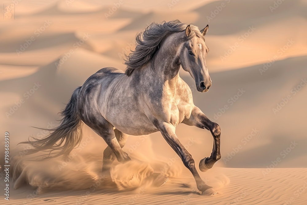 Desert Spirit: Grey Horse Rearing at Sunrise - Symbol of Freedom and Power Desert Spirit: Grey Horse Rearing at Sunrise - Symbol of Freedom and Power