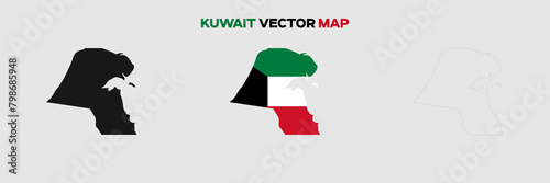 Kuwait Map Vector Pack. Map with Flag. Gray Map Silhouette. Gray Outline Map. Editable EPS file. 