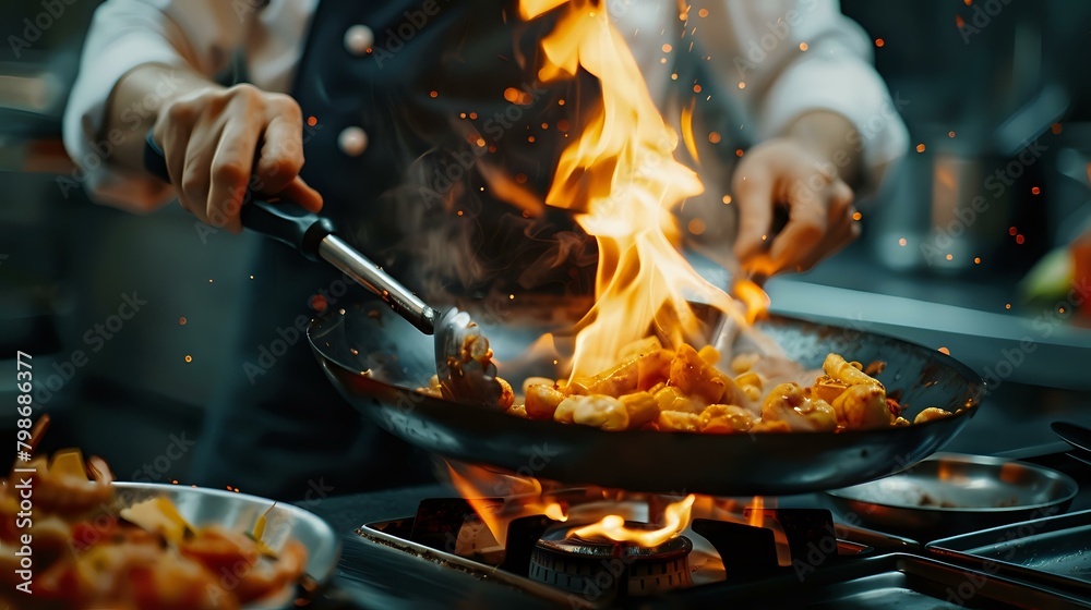 Fototapeta premium Close-up Professional chef hands cook food with fire in kitchen at restaurant