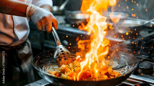 Close-up Professional chef hands cook food with fire in kitchen at restaurant