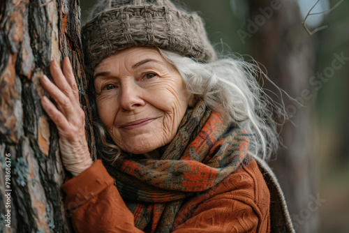 An elderly lady hugging a tree, feeling connected to nature