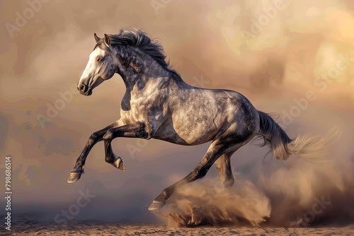 Grey Horse: Majestic Desert Sunrise Rearing - Power and Grace in Dust and Sand © Michael