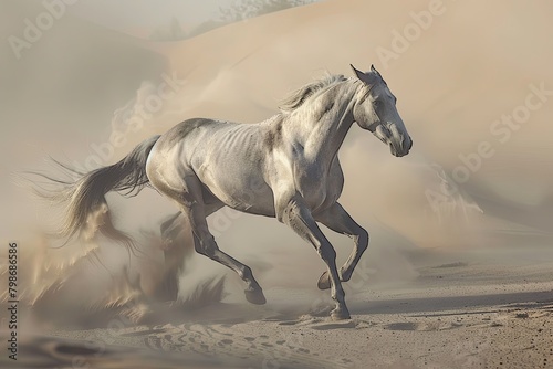 Grey Stallion Galloping Wild  Majestic Spirit in the Desert Dust