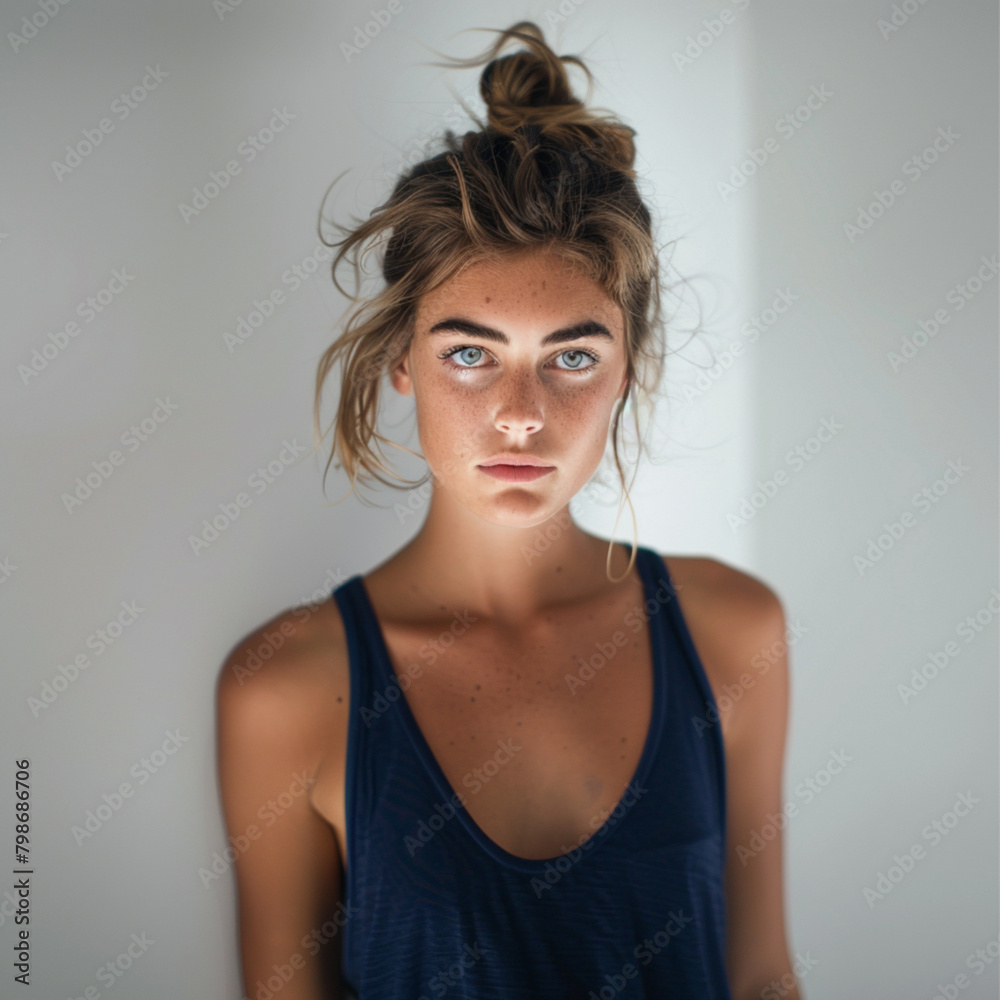 headshot of beautiful female model, light brown hair in messy bun, blue eyes, wearing navy tank top, looking at camera, white background, soft lighting headshot of beautiful female model, light brown hair in messy bun, blue eyes, wearing navy tank top, looking at camera, white background, soft lighting