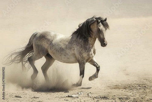 Majestic Grey Horse Rearing in the Desert  Spirit of Freedom Under the Silver Sun