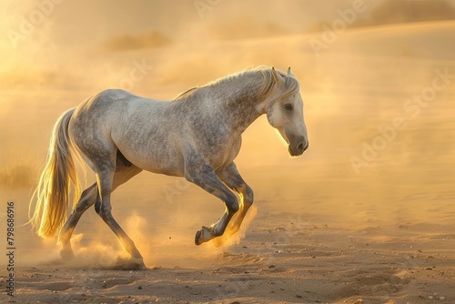 Golden Light in the Desert: Grey Horse Dancing Wild and Free © Michael