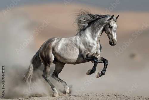 Majestic Grey Horse  Dynamic Force of Freedom in the Desert