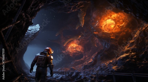 Intense space miners face a monstrous alien creature in a dark and eerie setting