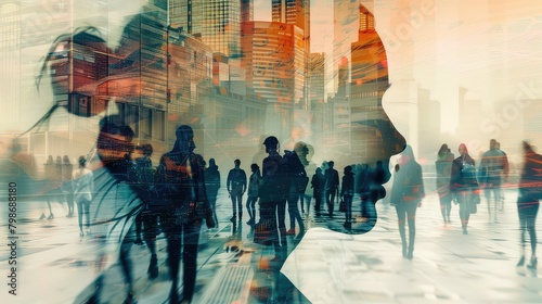 A creative double exposure featuring job candidates in training sessions overlaid with career advancement opportunities, symbolizing professional growth. photo