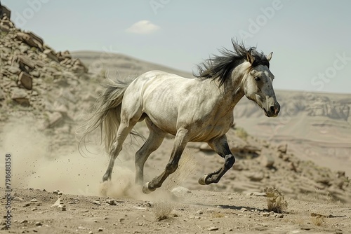Wild Grey Horse Galloping in Desert Spectacle