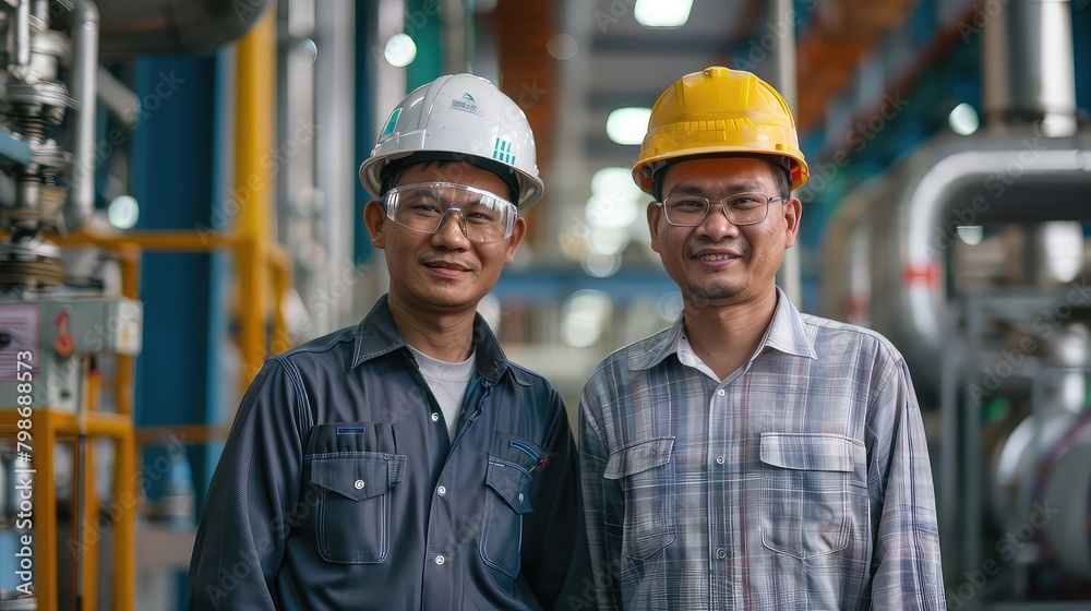 . An environmental portrait of the engineer and the Asian worker in the factory setting, showcasing teamwork and communication in industrial settings. 