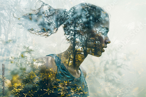Double exposure photo of a female runner and a forest, trail running concept