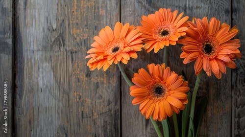Orange flowers stand out against a wooden background