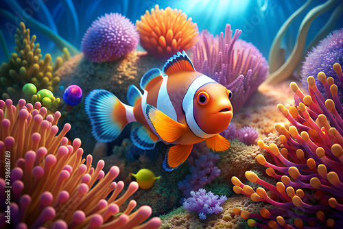 Clown fish surrounded by beautiful coral