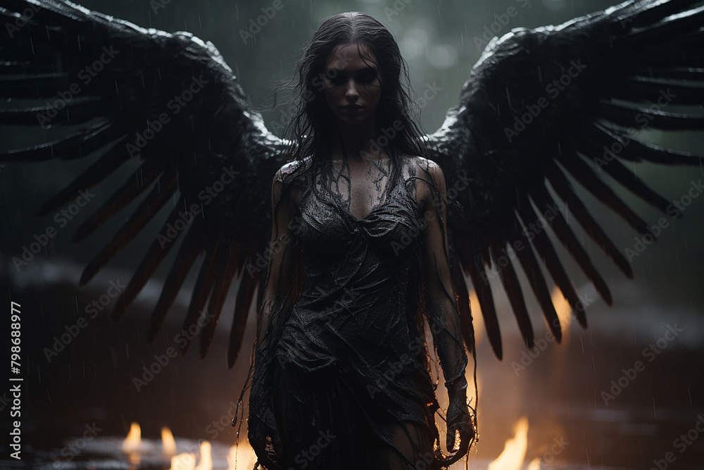 Fototapeta premium A dark, atmospheric portrayal of a person with angelic wings amid rain and dim firelight
